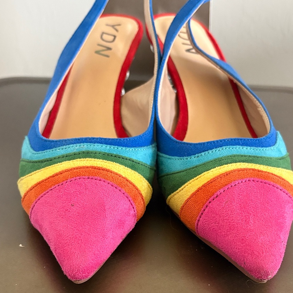 YDN Multicolor Suede Pointed Slingback Pumps - Blue, Pink, Green, Yellow - Picture 4 of 5